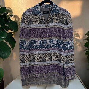 Vintage Dana Buchman Floral Long Sleeve 100% Silk Long Sleeve Blouse Size 2